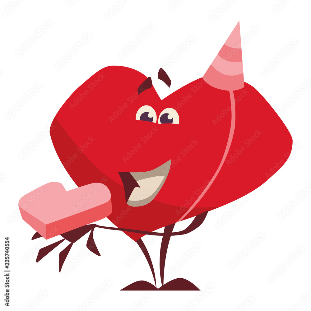 Character heart joyful with a gift came on the birthday Character heart joyful with a gift came on the birthday