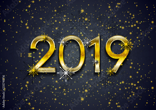 Golden 2019 New Year and shiny particles abstract background