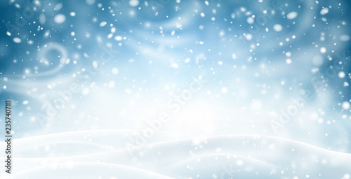 Blue shiny banner with winter landscape, snow and blizzard.