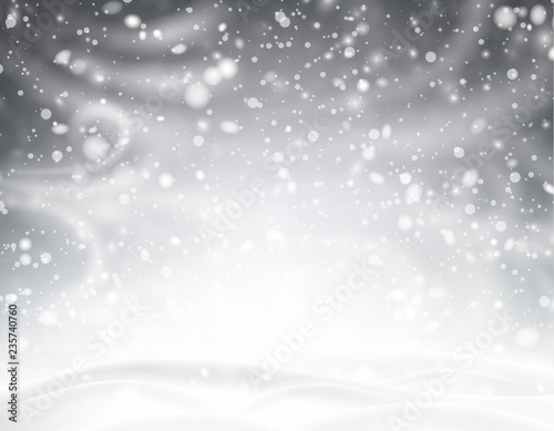 Grey shiny background with winter landscape, snow, wind and blizzard.