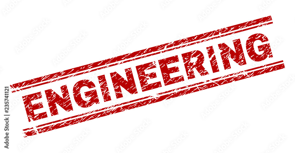 ENGINEERING seal stamp with grunge texture. Red vector rubber print of ENGINEERING label with grunge texture. Text tag is placed between double parallel lines.