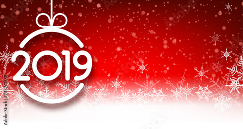 Red 2019 New Year background with beautiful snowflakes.