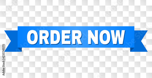 ORDER NOW text on a ribbon. Designed with white title and blue stripe. Vector banner with ORDER NOW tag on a transparent background.