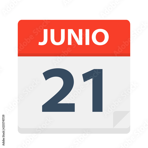 Junio 21 - Calendar Icon - June 21. Vector illustration of Spanish Calendar Leaf