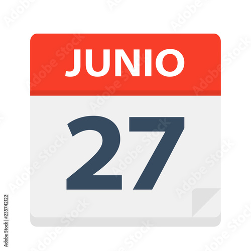 Junio 27 - Calendar Icon - June 27. Vector illustration of Spanish Calendar Leaf