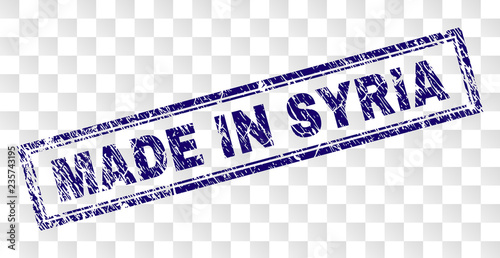 MADE IN SYRIA stamp seal watermark with rubber print style and double framed rectangle shape. Stamp is placed on a transparent background.