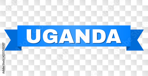 UGANDA text on a ribbon. Designed with white caption and blue stripe. Vector banner with UGANDA tag on a transparent background.