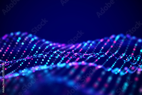 Abstract digital landscape or soundwaves with flowing particles. Big data technology background. Visualization of sound waves. Virtual reality concept: 3D digital surface. EPS 10 vector illustration.