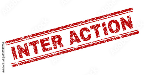 INTER ACTION seal print with corroded texture. Red vector rubber print of INTER ACTION label with unclean texture. Text label is placed between double parallel lines.