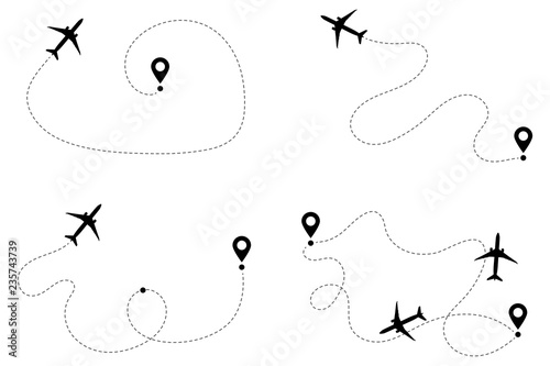 Airplane routes way path tracks vector set.