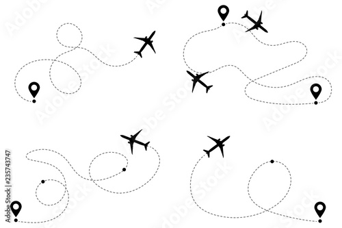 Airplane routes way path tracks vector set.