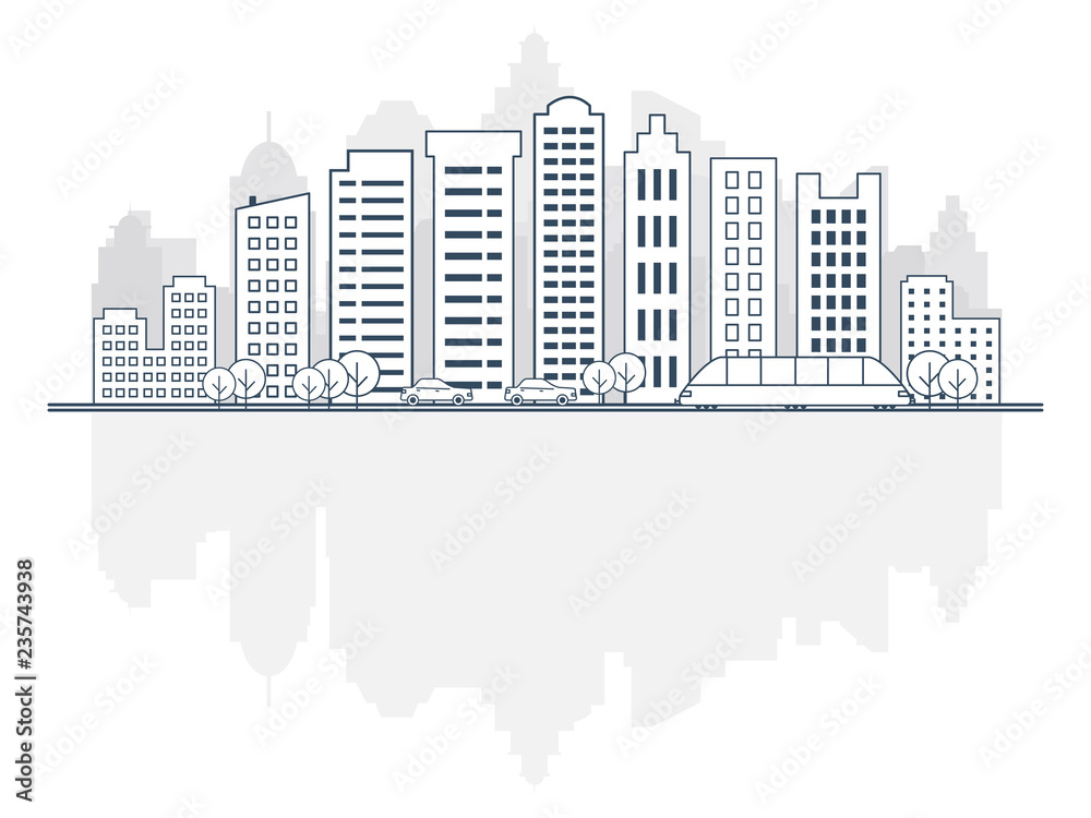 Thin line style city skyline with advertising area. landscape with buildings, streets, cars, trees and trains. Panorama of city skyline. Urban landscape with copy space area.