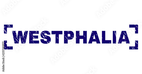 WESTPHALIA tag seal print with distress texture. Text title is placed inside corners. Blue vector rubber print of WESTPHALIA with unclean texture.