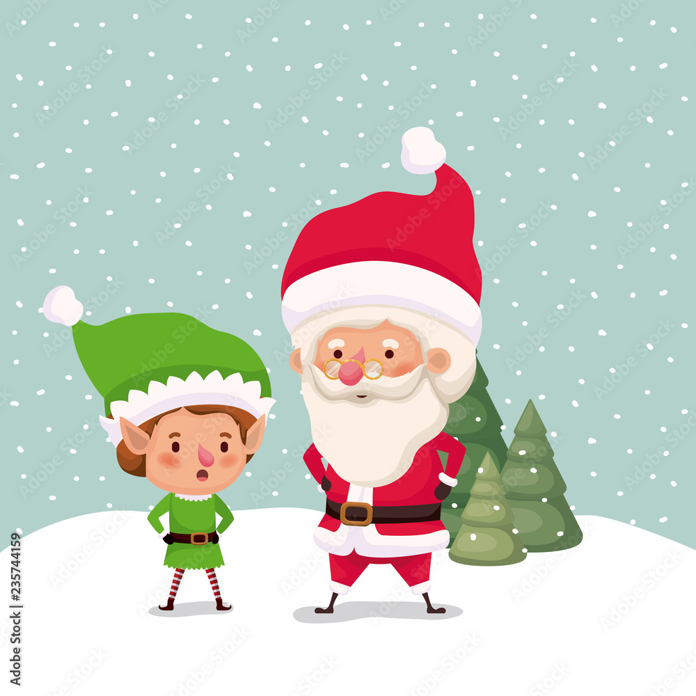 little elf and santa claus characters in snowscape little elf and santa claus characters in snowscape