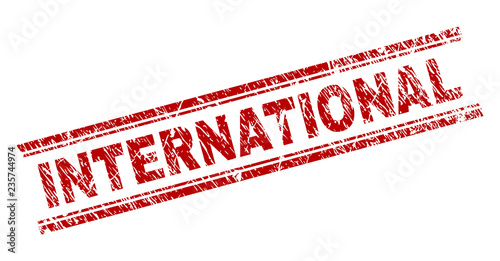 INTERNATIONAL seal watermark with grunge texture. Red vector rubber print of INTERNATIONAL caption with retro texture. Text caption is placed between double parallel lines.
