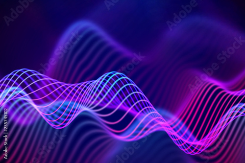 Big data abstract visualization: business charts analytics. 3D Sound waves. Digital surface with flowing curves. Futuristic technology background. Blue sound waves, EPS 10 vector illustration.