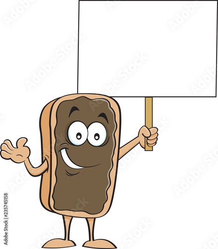 Cartoon illustration of an eclair holding a sign.