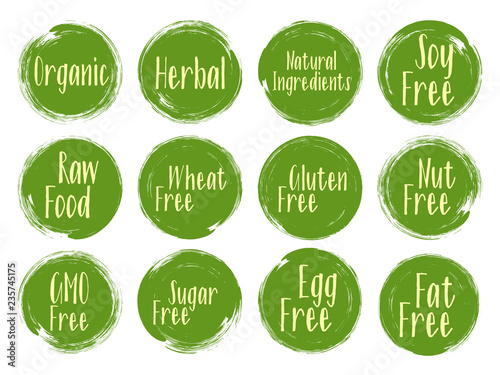 Vector organic labels, natural ingredients emblems