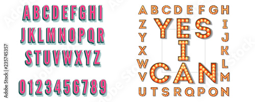Set of retro volumetric letters with shadow. Glowing electric lamps. Signboard with light bubbles like in casino, theatre and circus. Template for your creativity. 3d vector illustration.
