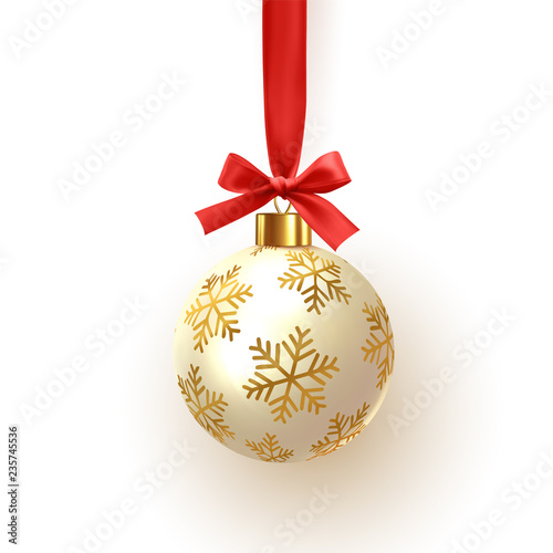 Christmas ball hanging on ribbon with red bow. Decor Xmas bauble isolated on white background