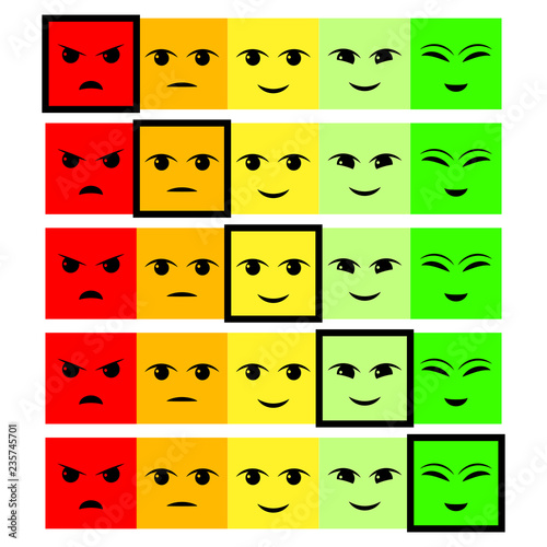Five Color Faces Feedback/Mood. Set five faces scale - smile neutral sad - isolated vector illustration. Rank or level of satisfaction rating. Flat design. Vector illustration EPS10. 