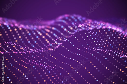 Abstract digital landscape or soundwaves with flowing particles. Big data technology background. Visualization of sound waves. Virtual reality concept: 3D digital surface. EPS 10 vector illustration.
