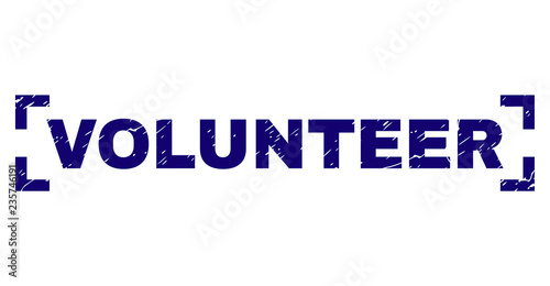 VOLUNTEER text seal watermark with grunge texture. Text label is placed between corners. Blue vector rubber print of VOLUNTEER with dust texture.