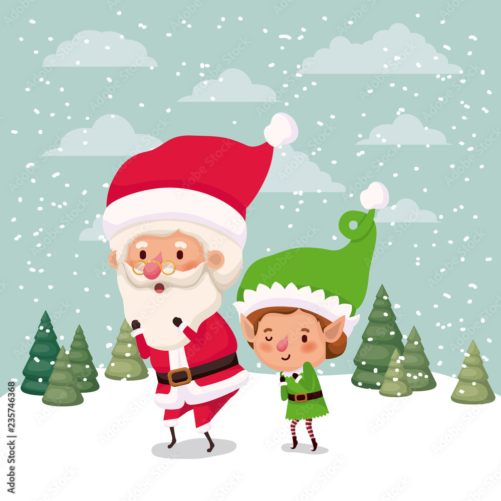 little elf and santa claus characters in snowscape little elf and santa claus characters in snowscape