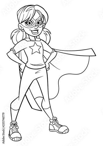 Line art full length illustration of super heroine girl smiling happy while wearing cape against white background for copy space.