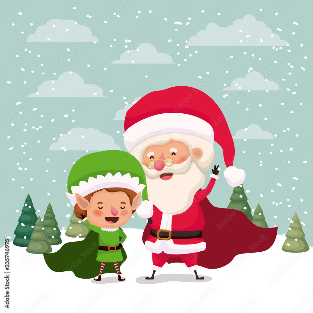 little elf and santa claus characters in snowscape little elf and santa claus characters in snowscape