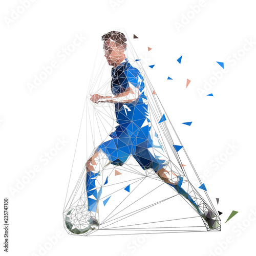 Football player in blue jersey running with ball, abstract low poly vector drawing. Soccer player, isolated geometric colorful illustration, side view