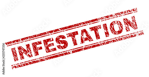INFESTATION seal print with corroded texture. Red vector rubber print of INFESTATION tag with grunge texture. Text caption is placed between double parallel lines.