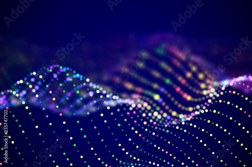 Abstract digital landscape or soundwaves with flowing particles. Big data technology background. Visualization of sound waves. Virtual reality concept: 3D digital surface. EPS 10 vector illustration.