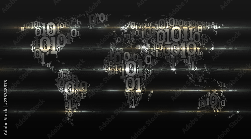 World map with continents from a binary code with a background of ...