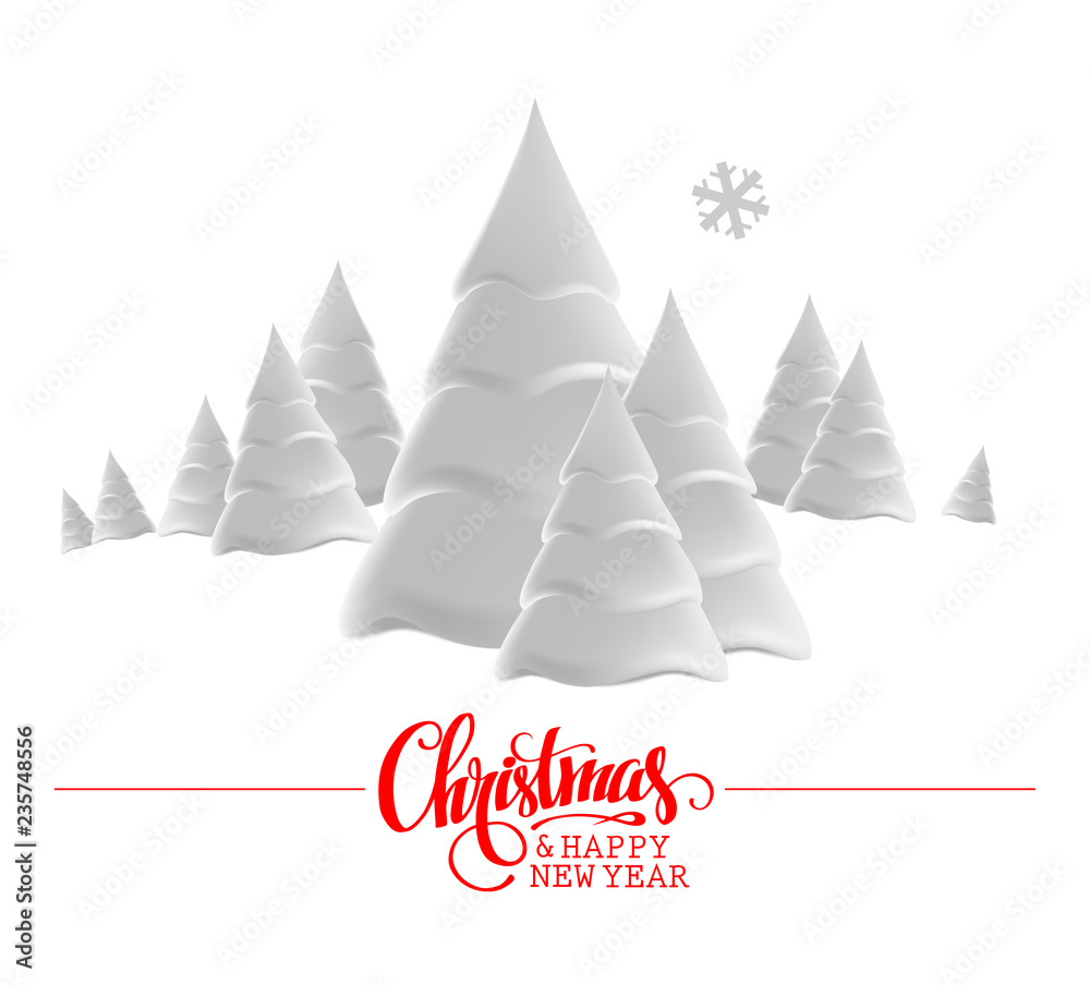 Merry Christmas and Happy New Year griting. Winter landscape with white hills and snow-covered Christmas trees.