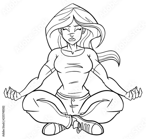 Line art full length front view of a fit woman sitting in lotus position while meditating during yoga exercise isolated on white background for copy space.