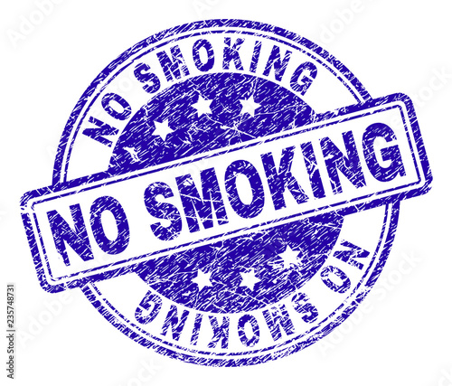 NO SMOKING stamp seal imprint with grunge texture. Designed with rounded rectangles and circles. Blue vector rubber print of NO SMOKING title with grunge texture.