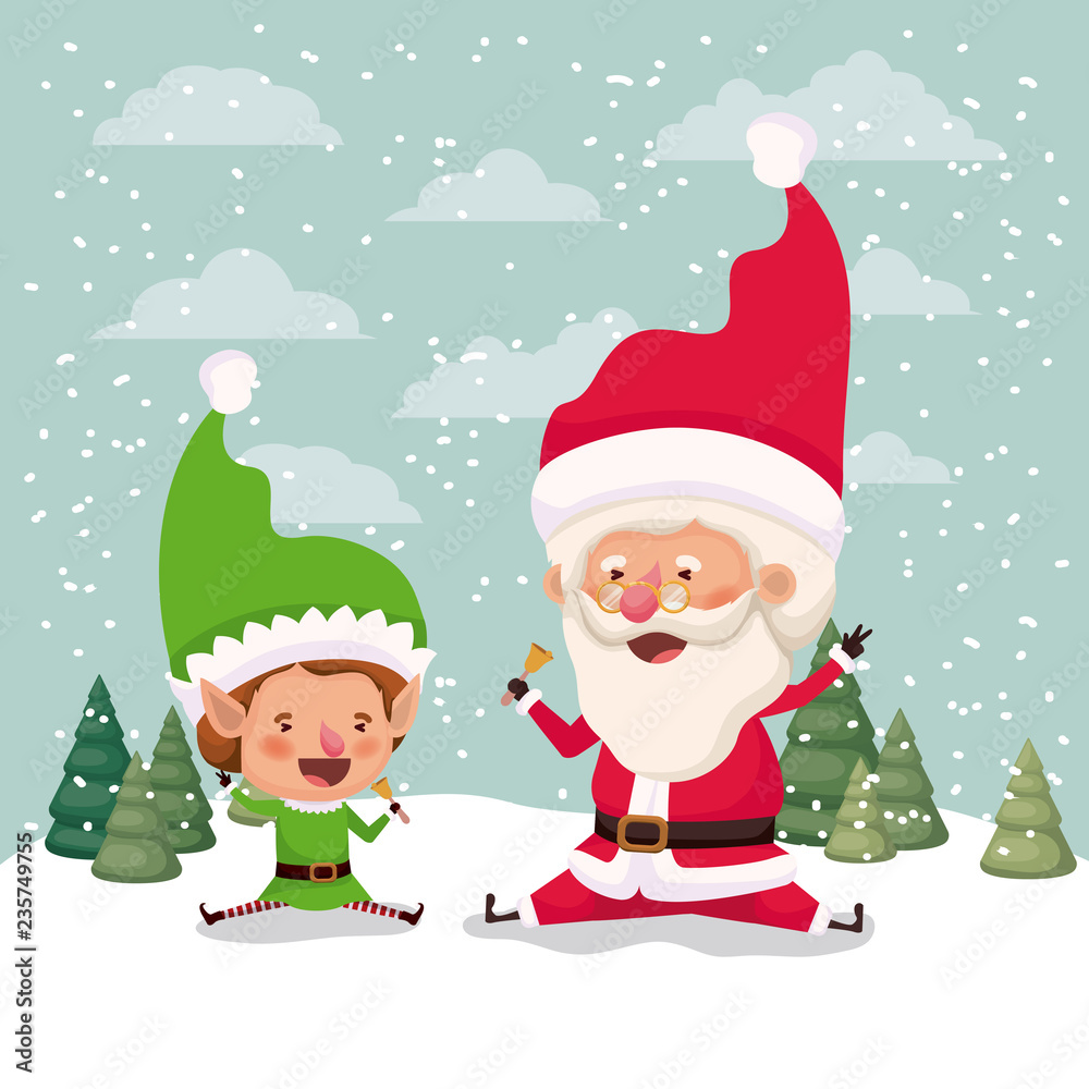 little elf and santa claus characters in snowscape
