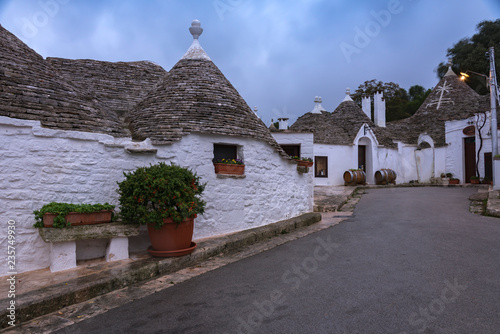 Traditional white houses with conical roofs, flowers on street in Alberobello, Italy