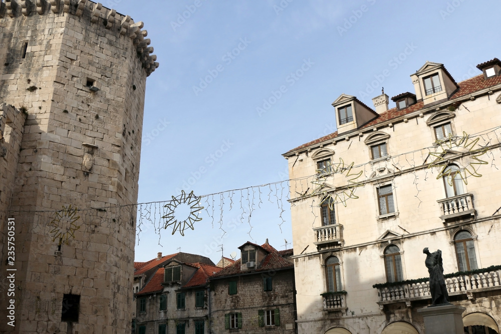 Historic buildings in Split, Croatia with Christmas decorations. Split is popular coastal travel destination.