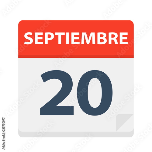Septiembre 20 - Calendar Icon - September 20. Vector illustration of Spanish Calendar Leaf