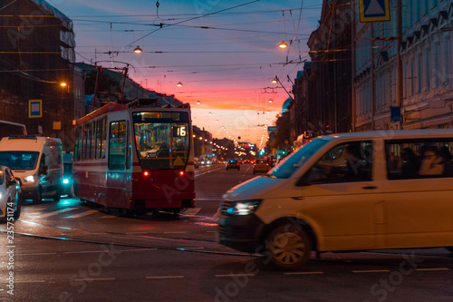 rush hour in the evening at sunset