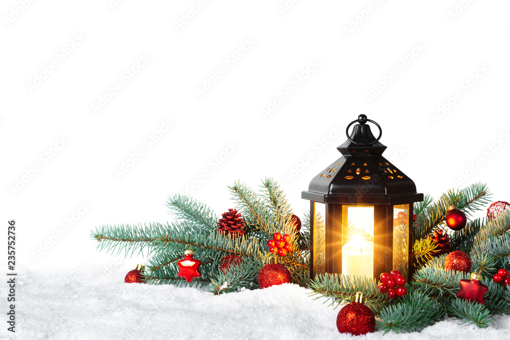 Christmas Lantern On Snow With Fir Branch isolated on white background - Winter Decoration Background Christmas Lantern On Snow With Fir Branch isolated on white background - Winter Decoration Background
