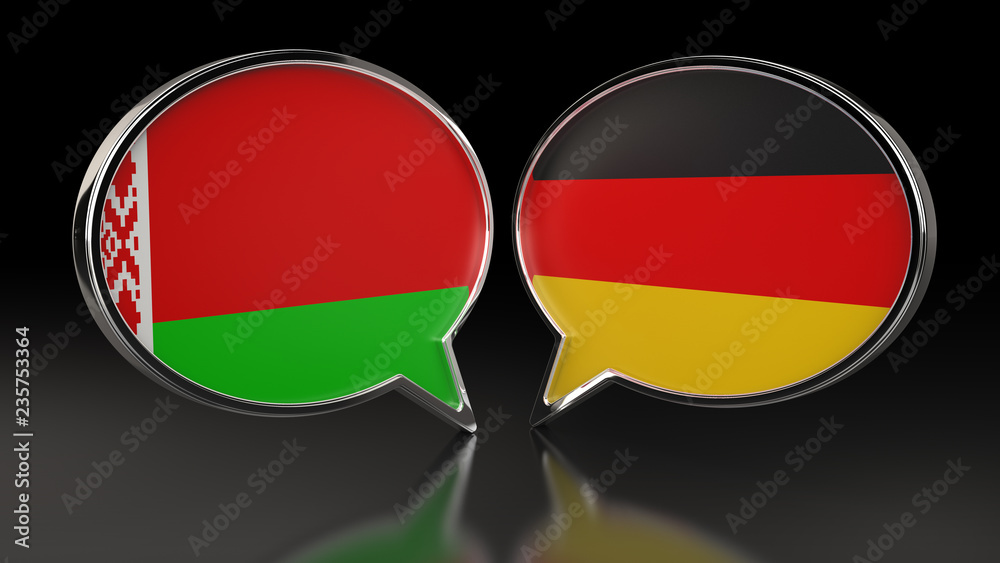 Fototapeta premium Belarus and Germany flags with Speech Bubbles. 3D illustration