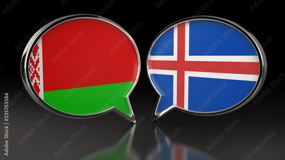 Obraz premium Belarus and Iceland flags with Speech Bubbles. 3D illustration