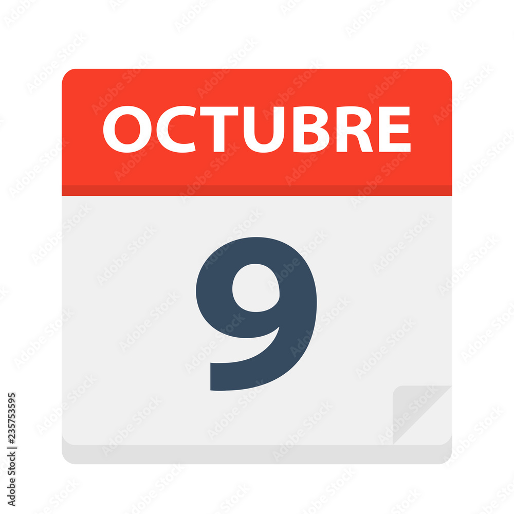 Octubre 9 - Calendar Icon - October 9. Vector illustration of Spanish Calendar Leaf Octubre 9 - Calendar Icon - October 9. Vector illustration of Spanish Calendar Leaf