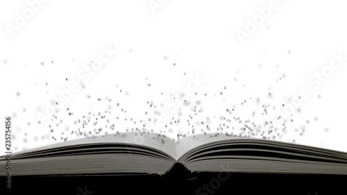 isolated book witch flying letters