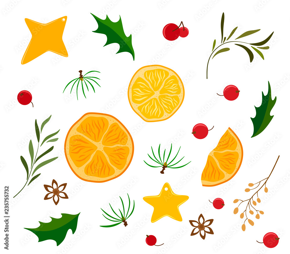Christmas decorative set of twigs, berries, leaves, cookies and dry orange and lemon slices Christmas decorative set of twigs, berries, leaves, cookies and dry orange and lemon slices