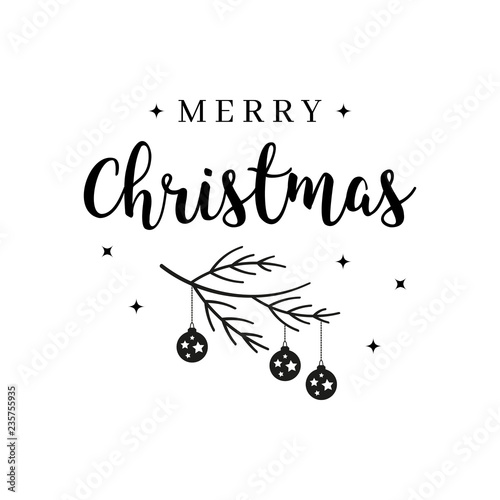 Merry Christmas greeting text lettering  branch bauble isolated background