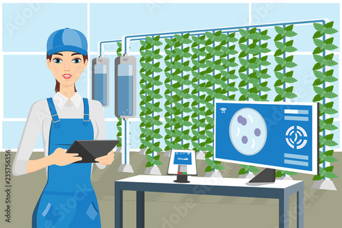 Growing plants in the greenhouse. Smart farm with wireless control. Eco farm with aquaponics system and irrigation system. Technology in agricultere. Vector illustration.